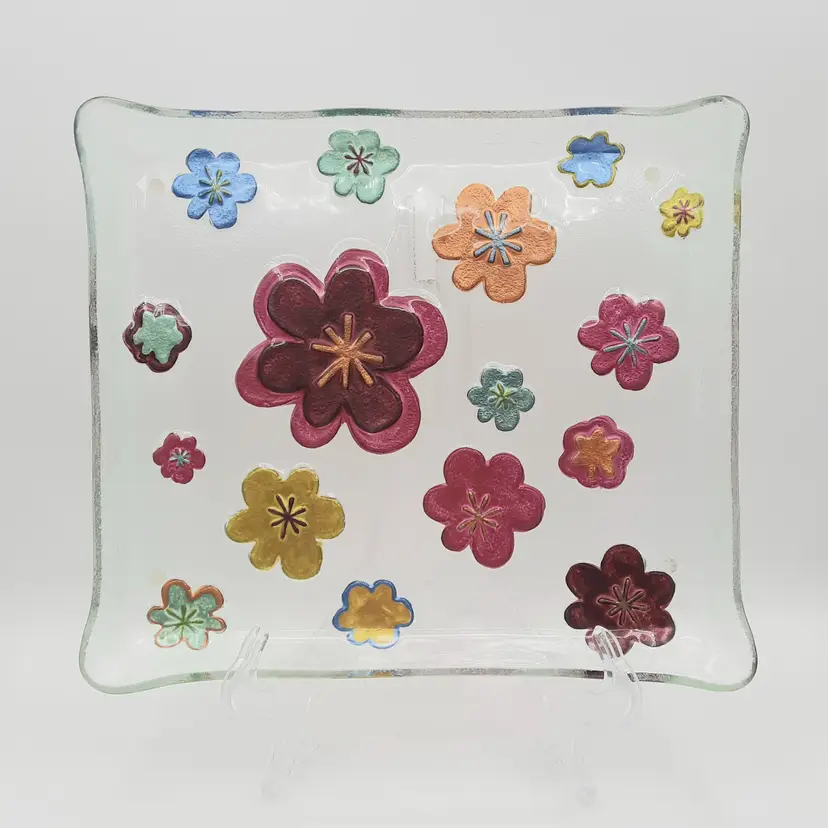 Lori Siebert for Silvestri Multi-colored Flowers Floral Fused Glass Tray Plate