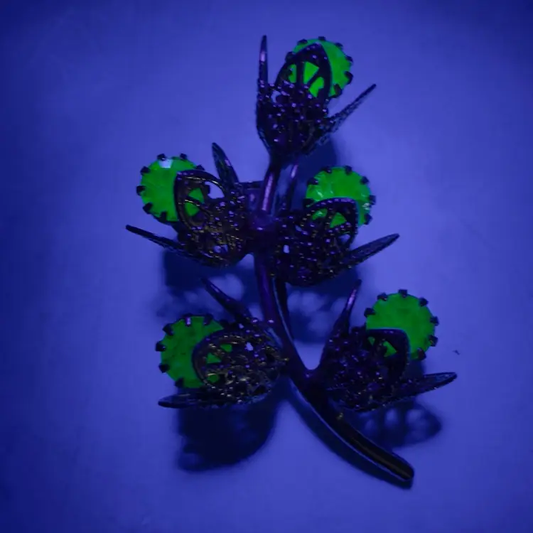 Uranium Glass Rhinestone Flowers Brooch