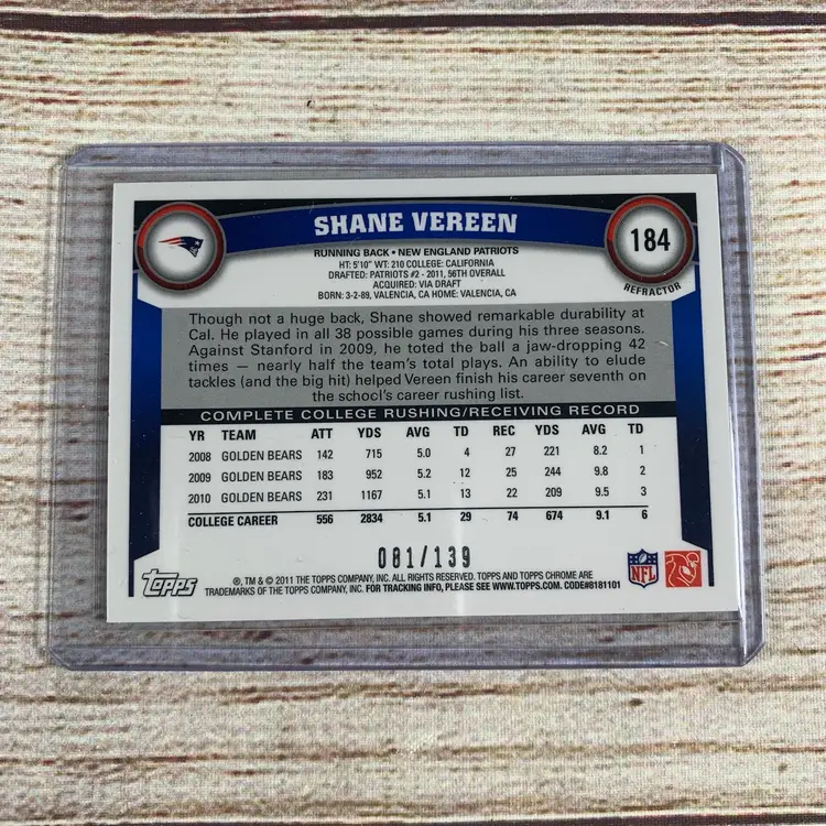2011 Topps Chrome Crystal Atomic Refractor /139 Shane Vereen RC  #184 Patriots