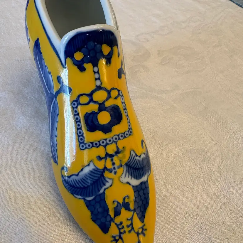 Blue And Yellow Ceramic Shoe Vase Planter 7 Inches Length 4 Inches Height