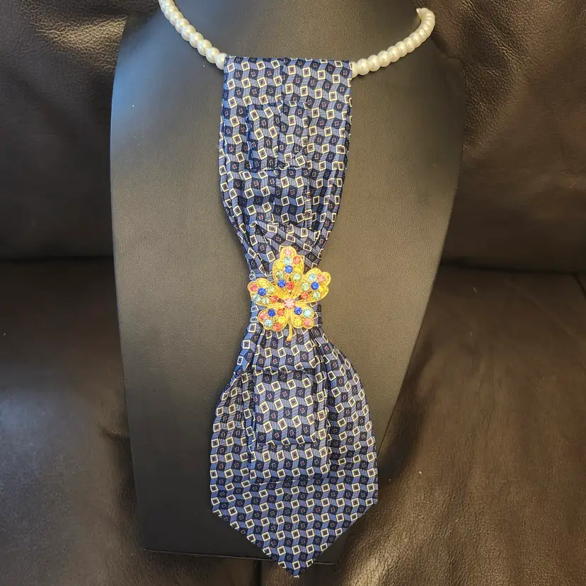 Upcycled Vintage Chic  Tie Necklace with Brooch