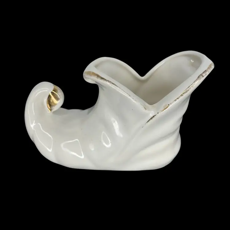Vintage Shawnee Ceramic White Elf Christmas Shoe Planter Vase Vessel Gold Trim