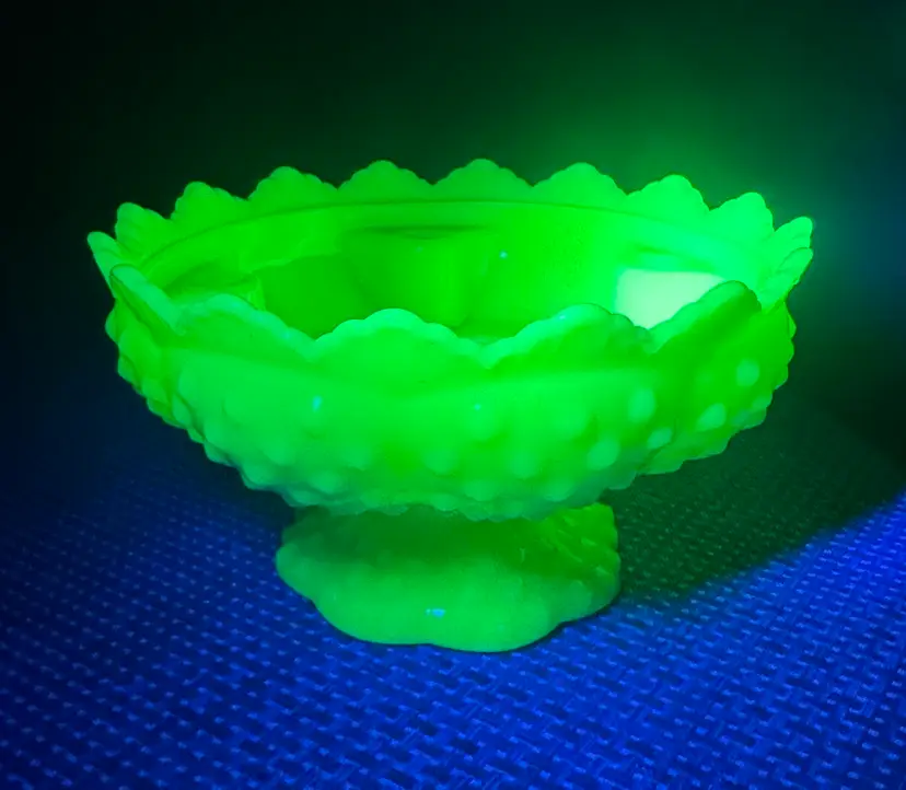 FENTON jadeite uranium Hobnail Glass Pedestal Candle Holder Bowl 6.5” Diameter