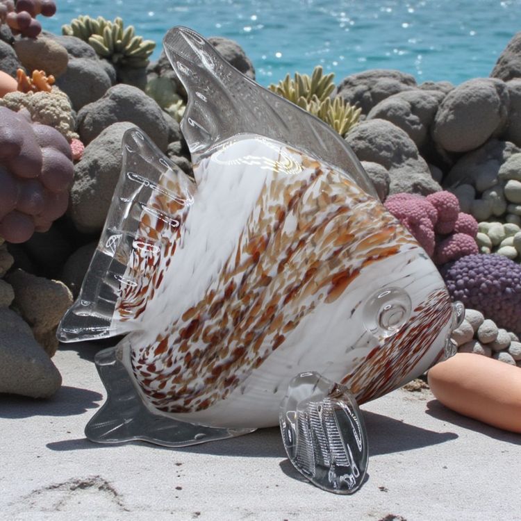 Blown Glass Fish Figurine Caramel & White 8”x8”x5”