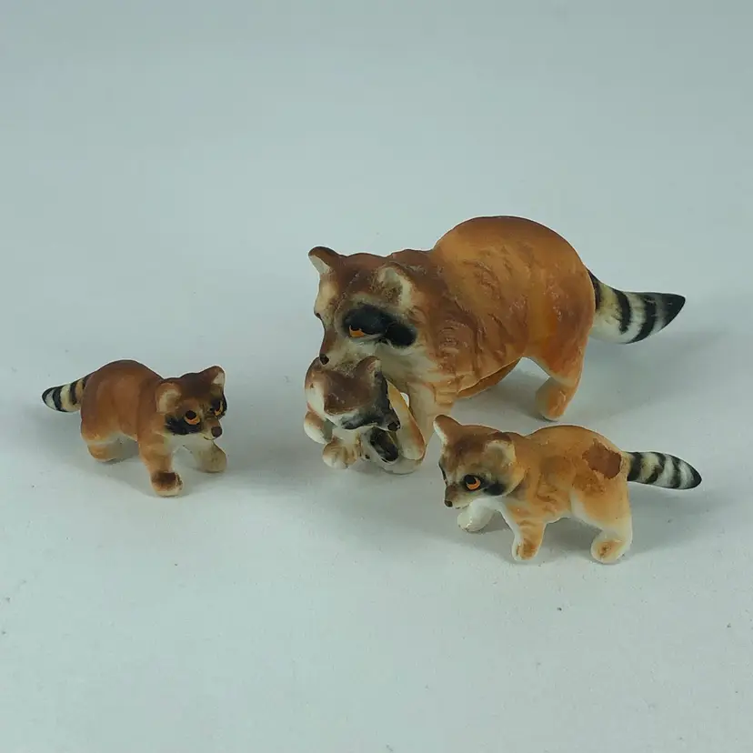 Vintage Set of Three Mom with Babies Miniature Raccoon Figurines