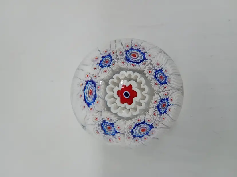 Murano Close Pack Millefiore Paperweight  White Blue & Red Flower Canes 2"