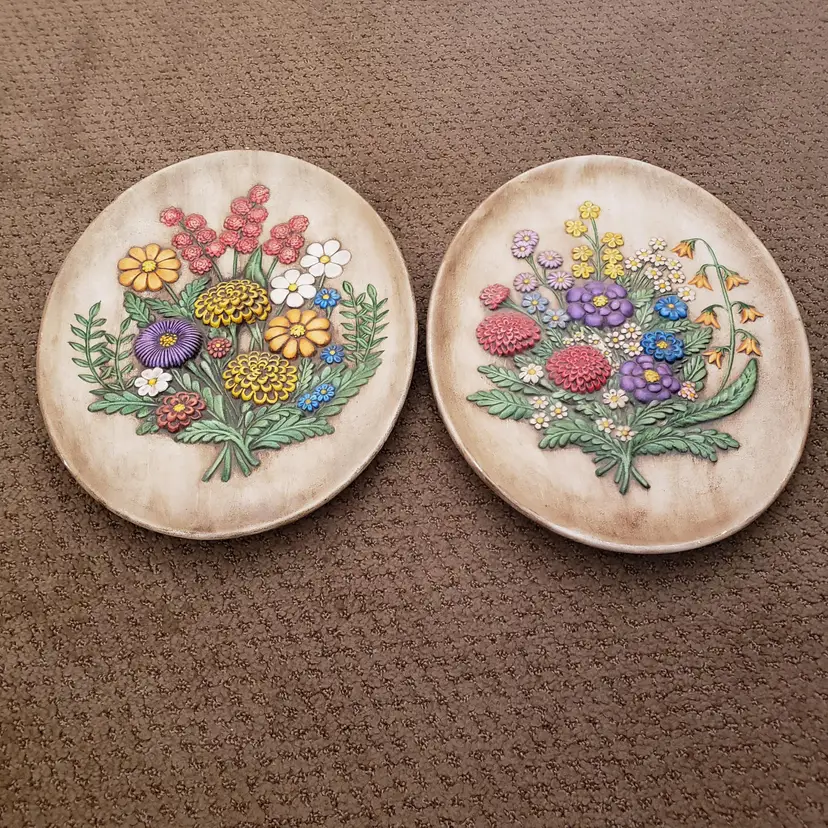 Oval Floral Wall Decor Plates Plaques Atlantic Mold Ceramic 2 Piece Set 13" Long Vintage