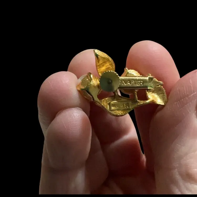 Vintage Goldtone Napier  Clip On Earrings. With  Textured Floral design & Faux Pearls .