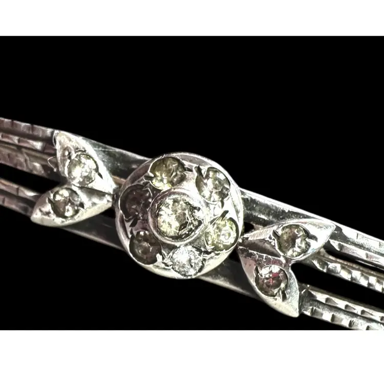 Antique Edwardian Era Sterling Silver Rhinestone Bar Brooch - Prong Set - Fibula Closure - ca. 1900 - 1911