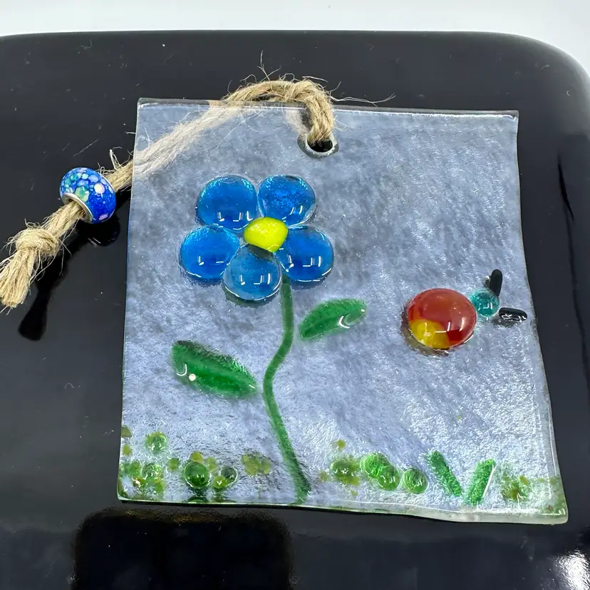 Fused Glass Hanging Ornament Flower & Bug 3.5”