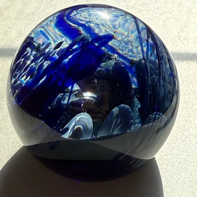Stunning Unsigned Cobalt Blue Swirl Under Sea Floor Paperweight 2.75”