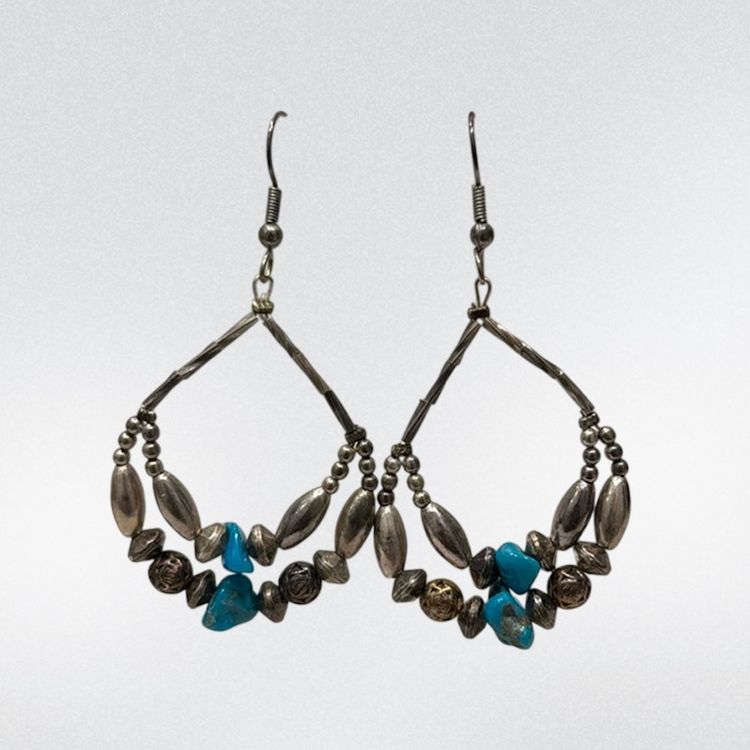 Vintage 1970’s Silver Plate Genuine Turquiose Chip Dangle Earrings 3”
