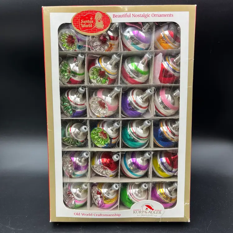 Vintage Kurt Adler The Early Years 24 Mini Glass Christmas Tree Ornaments w/Box