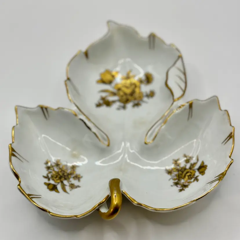 Vintage 1950’s Porcelain Leaf-Shaped Trinket Candy Dish With Gold Floral Accents And Trim, Elegant Table Decor, By Andrea Sadek, Made In Japan, MPN 2009