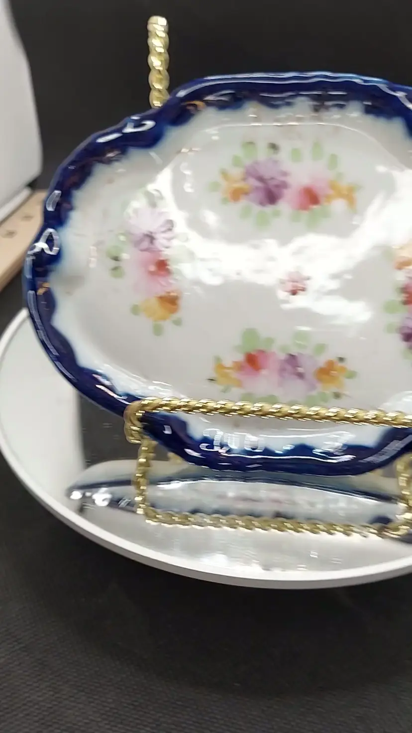 Vintage Porcelain Trinket Dish Plate Hand Painted Flowers Cobalt Border Gilt