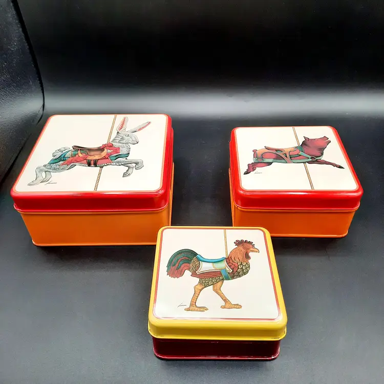 Vintage Lowell Herrero Vandor Carousel Tins Set Of 3 1985 Rooster Pig Rabbit