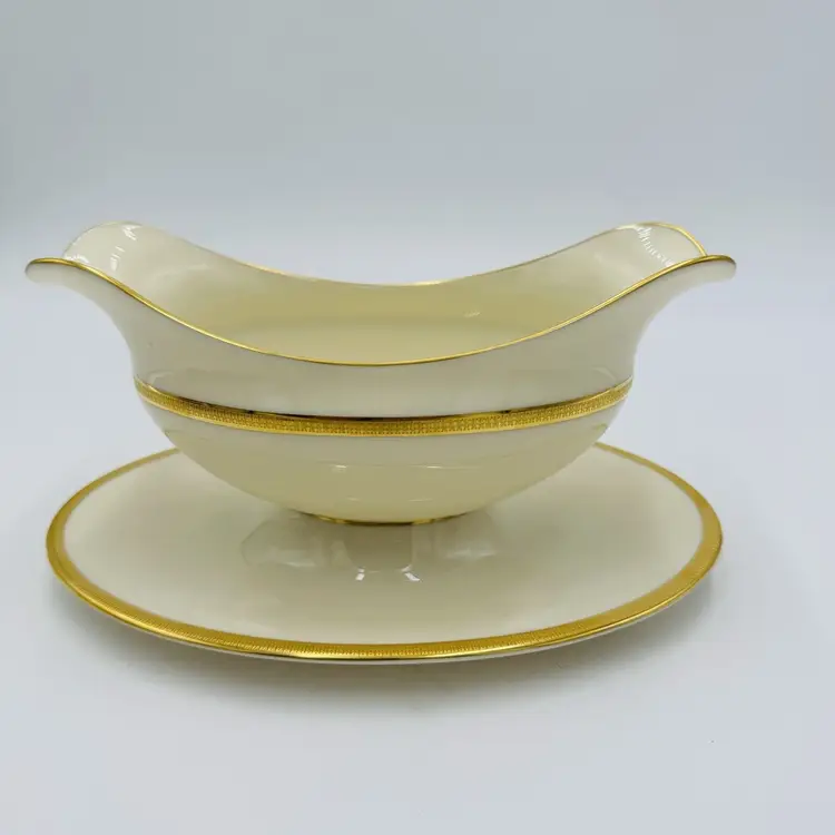 Lenox China Tuxedo Gravy Boat with Saucer or Sauce Bowl J-33 USA Porcelain Gold