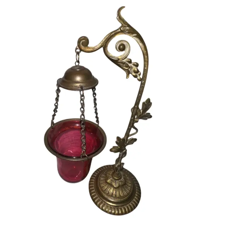 Vintage Altar Night Light, Sanctuary, Vigil Lamp Brass & Cranberry Glass