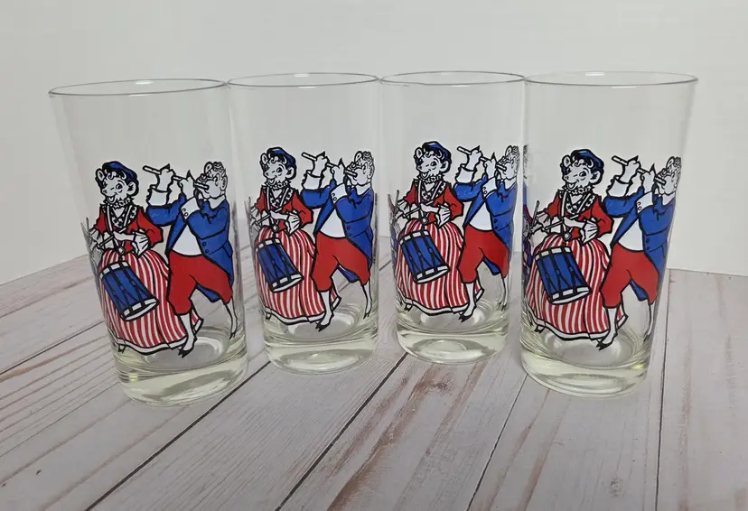 Four Borden Glasses Patriotic Elmer Elsie Beauregard 6.5" Bicentennial