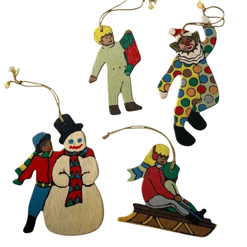 Wooden Christmas Ornaments, Mom & Son Sledding, Kid & Stocking, Clown, Kid & Frosty the Snowman Vintage Set of 4