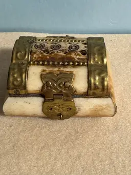 Vintage Indian camel bone and brass trinket box with owl latch. 2.5” Wide