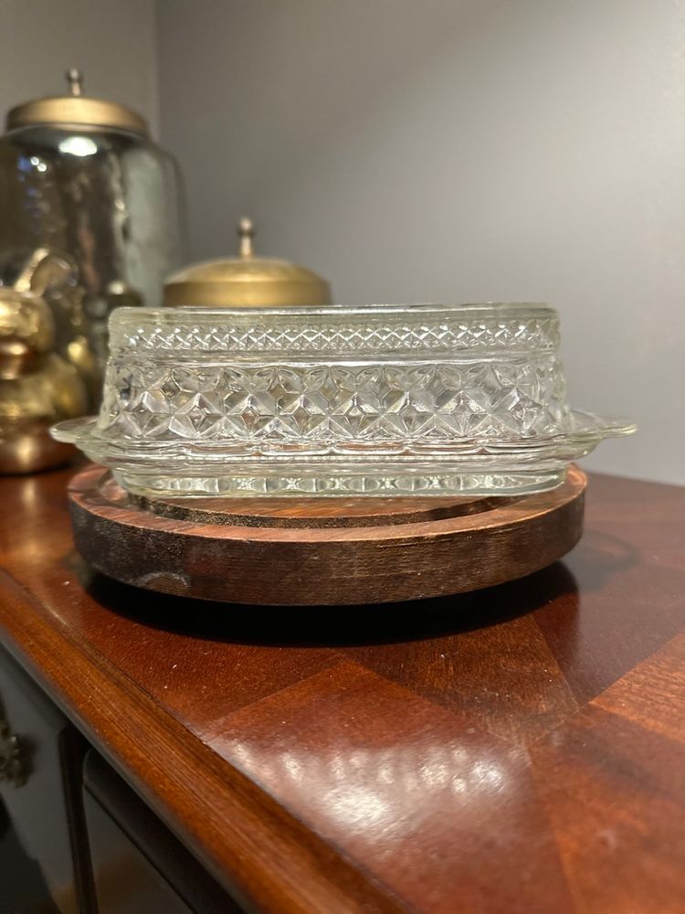 Anchor Hocking Pressed Glass Butter Dish: X Pattern