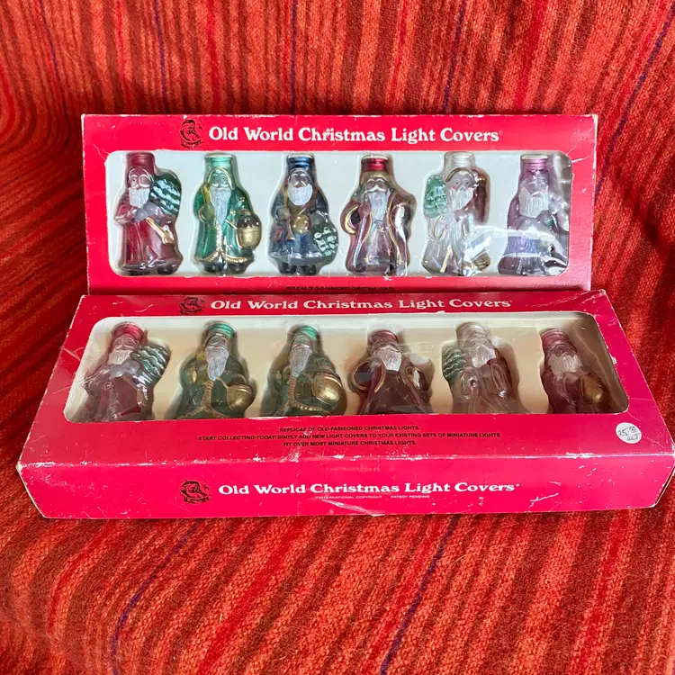 Vintage Old World Christmas Light Covers Glass String Light Santas 12ct In Box