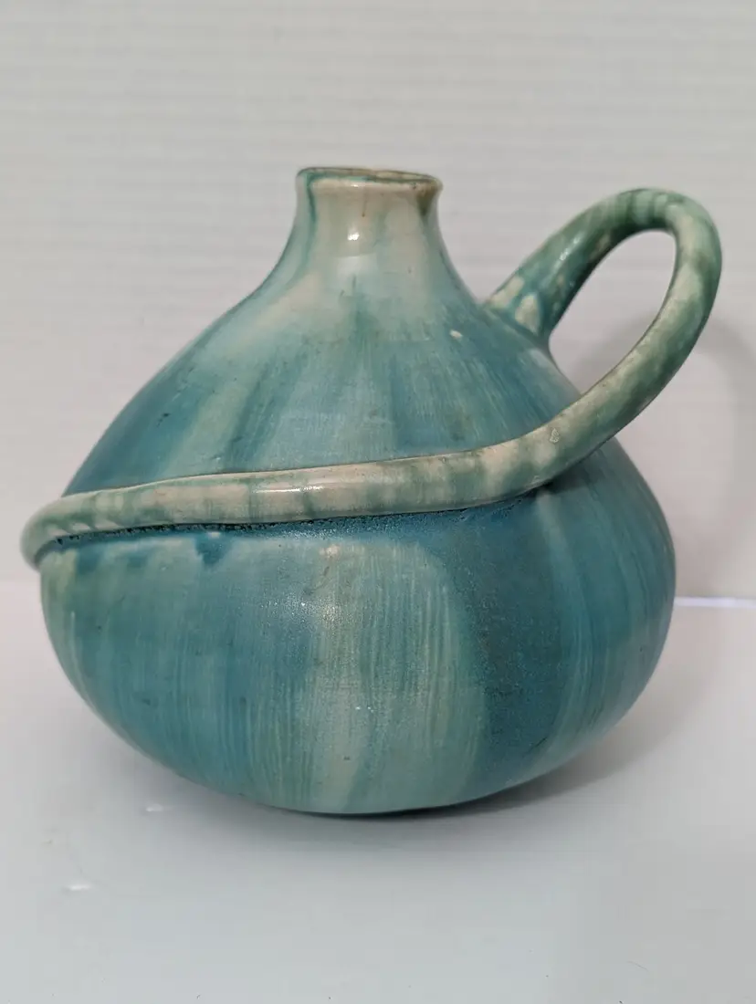 Studio Art Pottery Blue Jug Drip Glaze Sculptural Handle signed Raja
