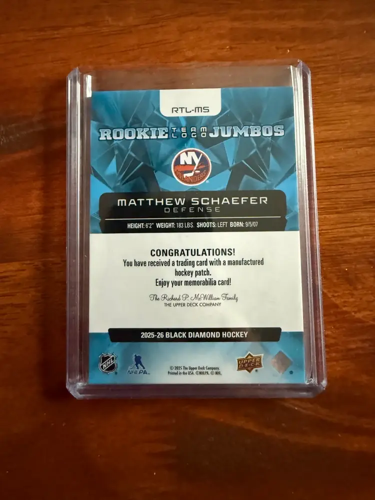 Matthew Schaefer 2025-26 UD Black Diamond Team Logo Rookie Jumbo Patch - New York Islanders