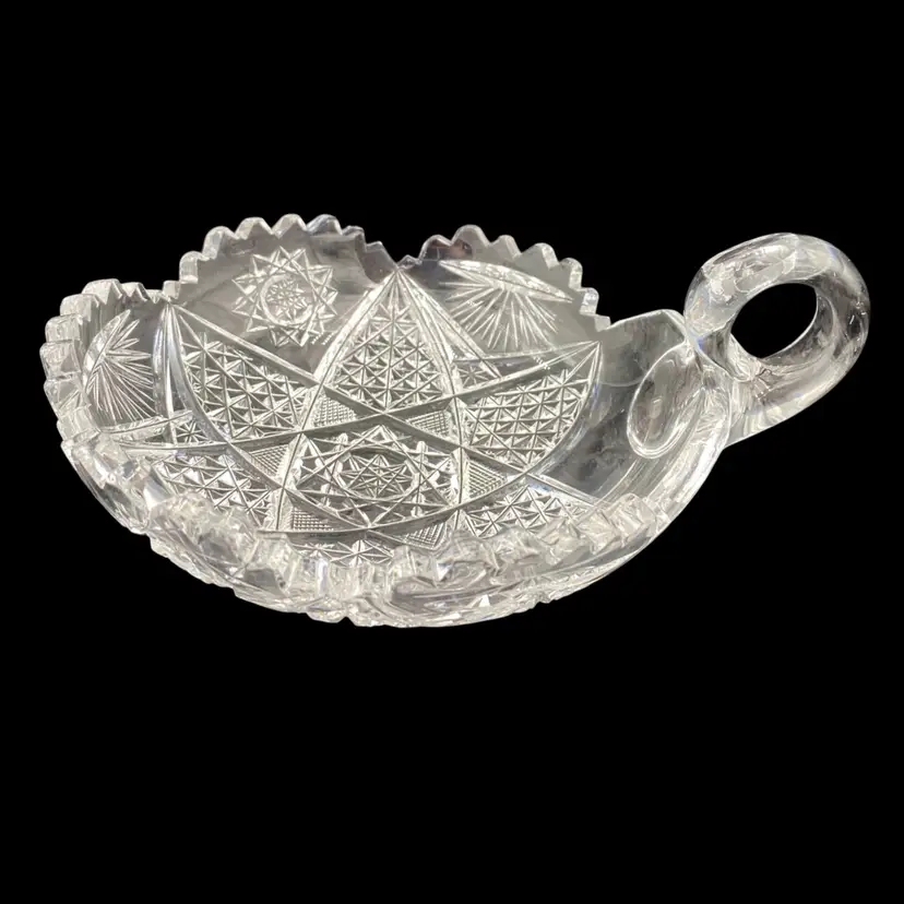 Antique American Brilliant Period Cut Glass Nappy, 7", Hobstars & Inverted Fans
