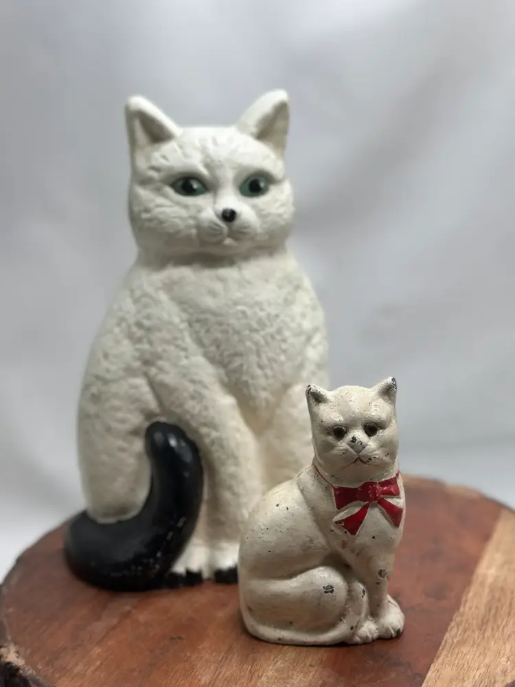 Vintage 2 Cast Iron Cat Kitten Feline with Black Tail Doorstop Bookend Bank