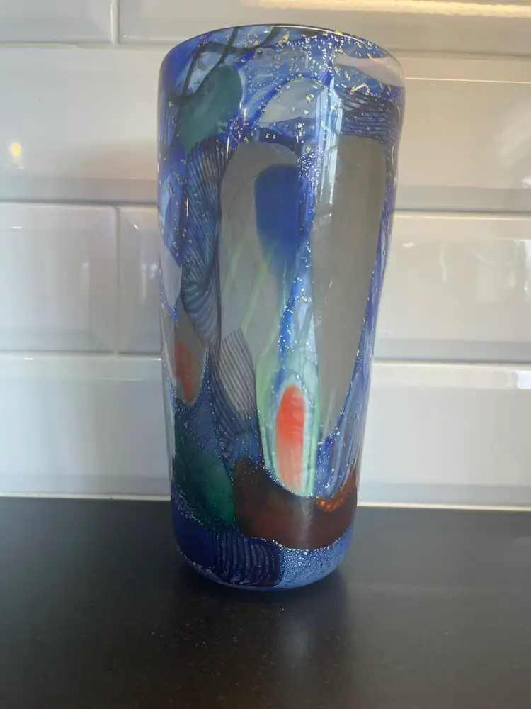 Murano 10” Base Blue W/Multi Colored Glass And Silver Inclusions/ocean