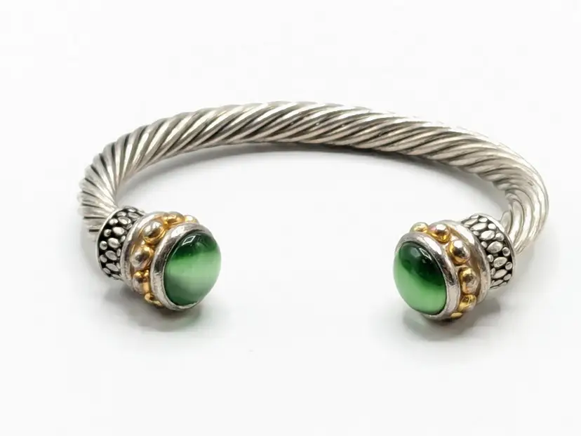 Silver Tone Cable Cuff Bracelet with Emerald Color Glass Cabochons Gold Tone Accents