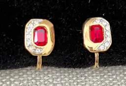 Vintage Monet Clip-On Earrings Faux Faceted Ruby Diamond Gold Tone
