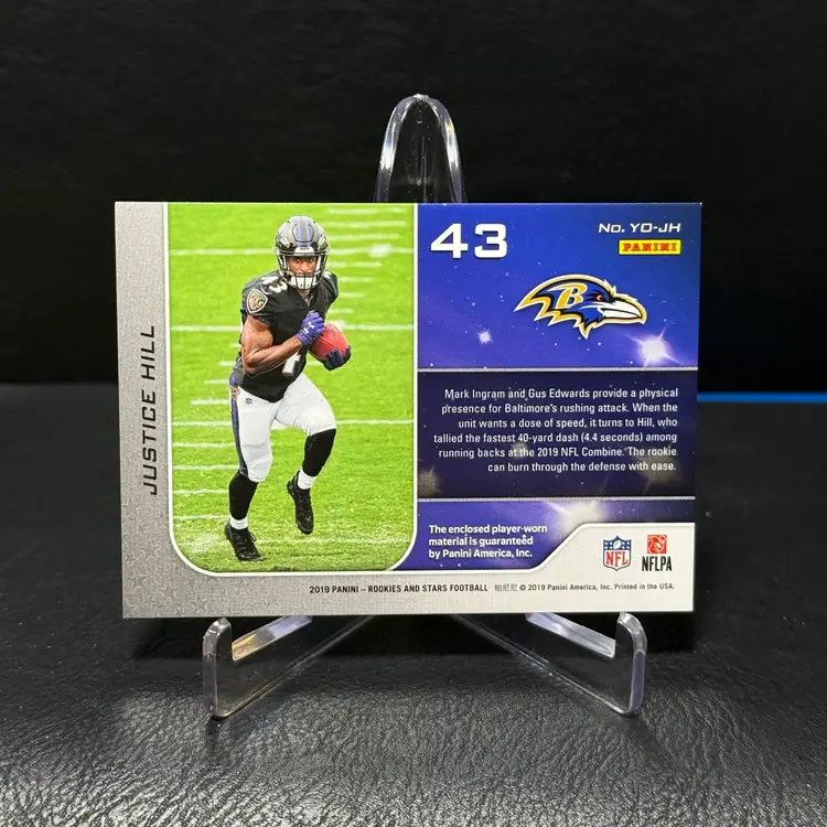 Justice Hill 2019 Panini Rookies & Stars  #YO-JH Year One RELIC ROOKIE RC Baltimore Ravens