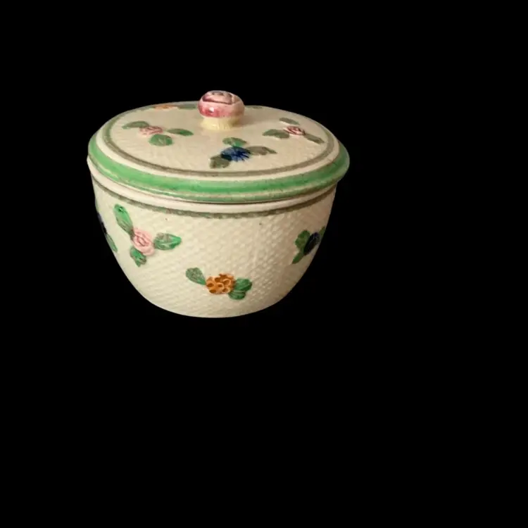 Trinket Bowl W/Lid Red Flower Knob 3 3/4 X 2 3/4 Inches