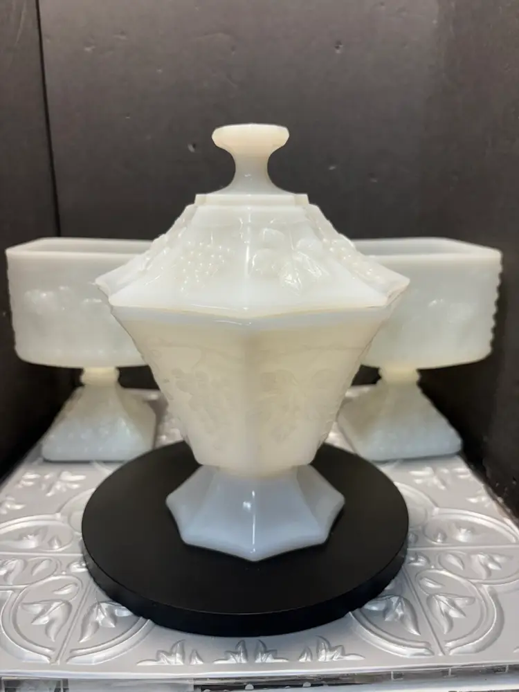 Anchor Hocking Harvest Grape Milk Glass Covered Compote/Candy Dish USA 7.5" tall With 2 Matching Votive
