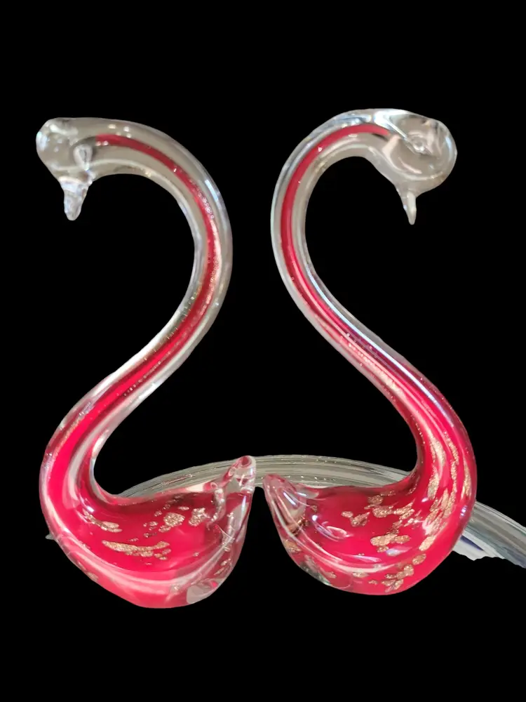 #01 Large Red With Gold Flecks Cased Swans Pair 8 1/4" Tall