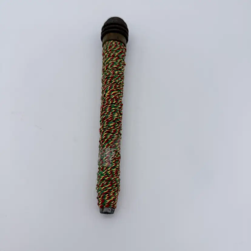 Vtg. Antique Primitive Wooden Sewing Spool With Rasta Style Yarn 6-1/8 Long