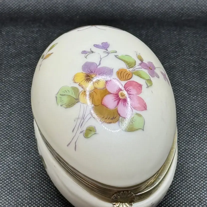 Vintage Egg Shape Floral Flower Hinged Lid Trinket Box, China Porcelain, By Lefton, Made In Japan, MPN XA396