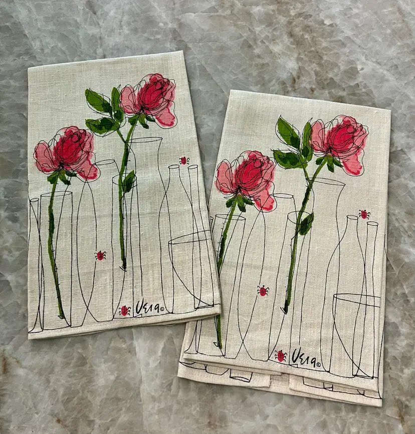 Vintage VERA Neumann MCM RED Rose Flower Lady Bug Kitchen Tea Towel All Linen 2 PCS!
