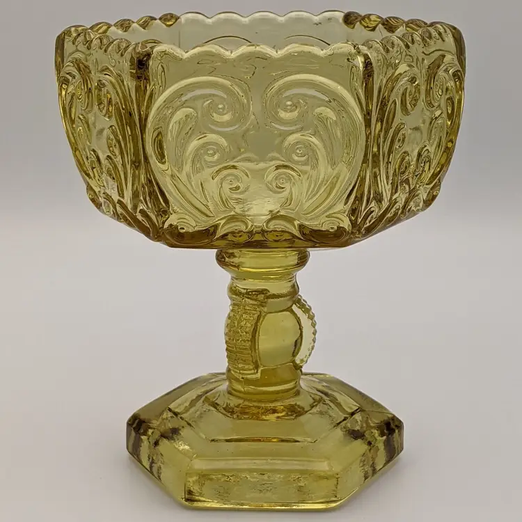 Vintage Imperial Glass Amber Scroll Compote Pedestal Footed Candy Dish Bowl