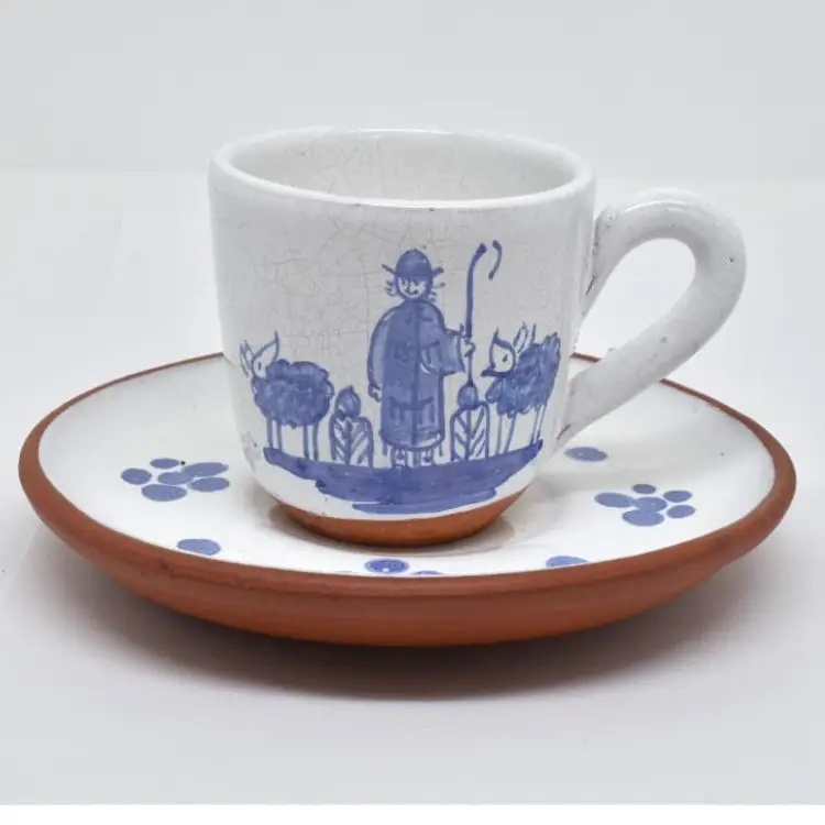 Hand Painted Terracotta Demitasse Cup / Saucer, Blue & White, Portugal, 1972