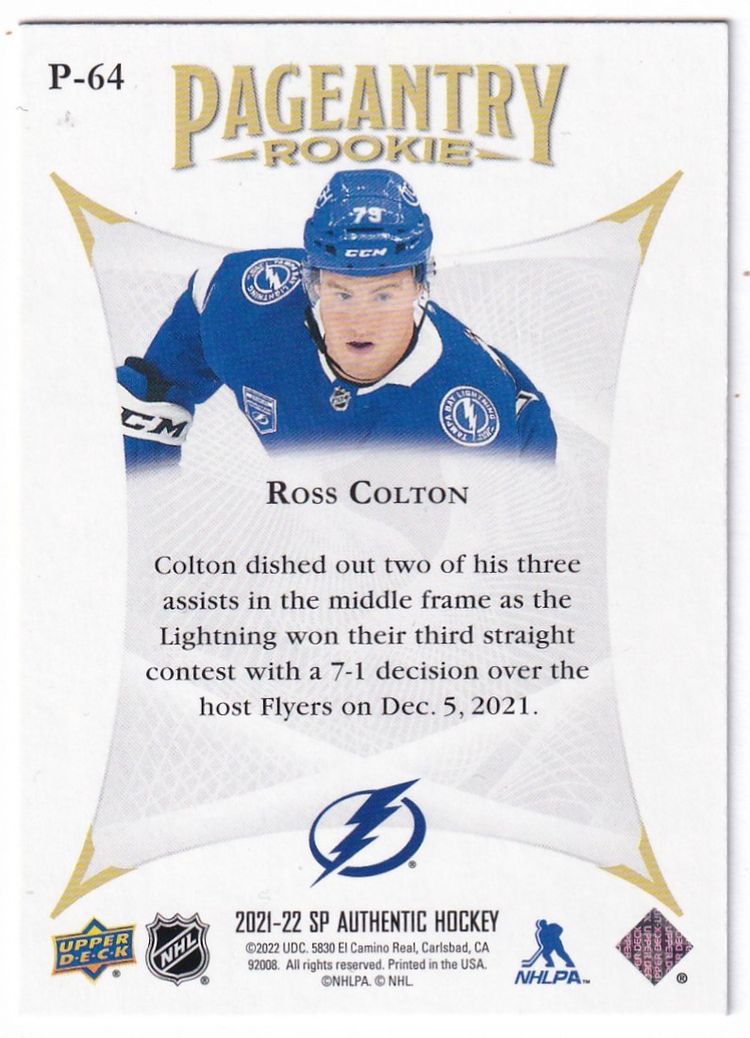 2021-22 SP Authentic Pageantry #P64 Ross Colton Tampa Bay Lightning Hockey Card