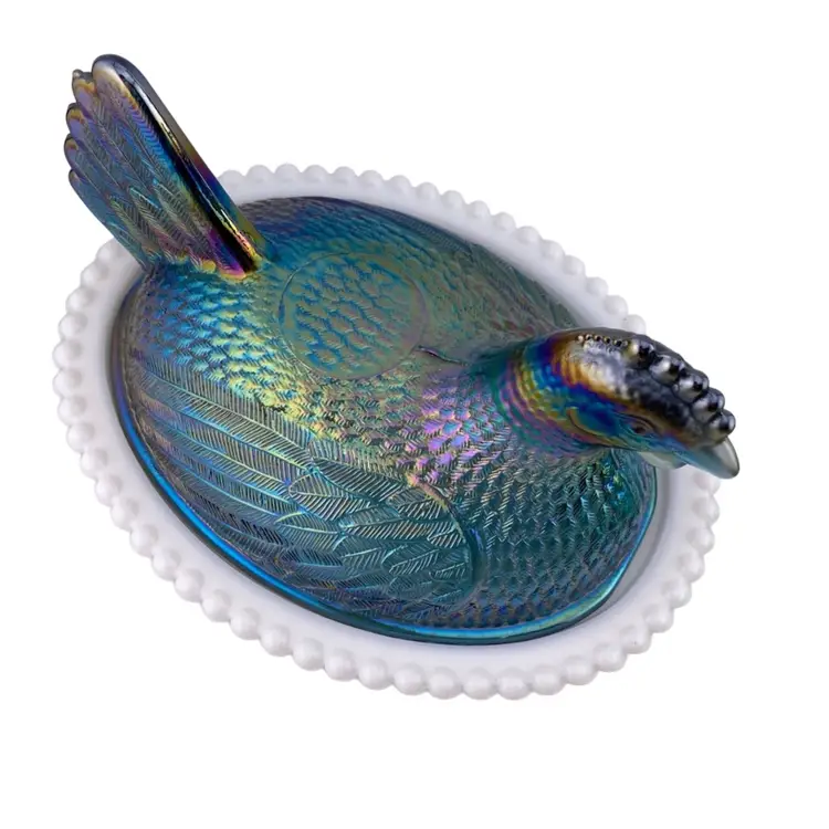 Vintage Chicken Hen On Nest Blue Carnival Iridescent On Milk Glass READ