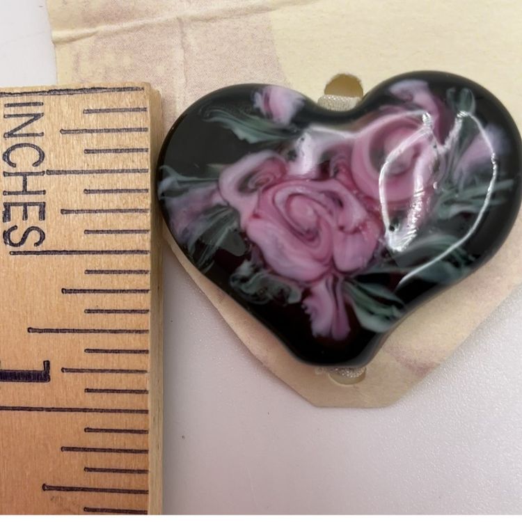 Floral Heart Glass Bead by Dolly Ahles Flamedancer Beads Studio Art .75”