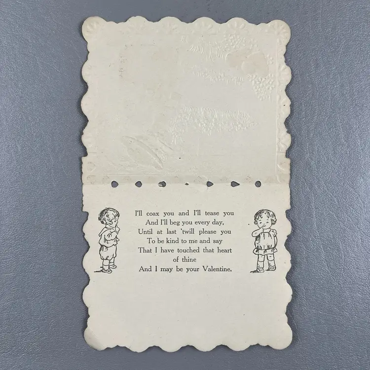 Antique Valentine Whitney Card 2 Children Suitcase Hearts Home Scalloped 4.75"
