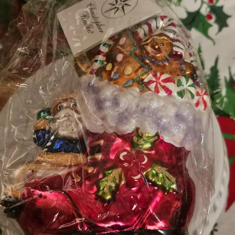 NEW Sealed Xmas Vtg Radko CANDY KICKOFF Santa Ornament Tag Boot Presents 2000