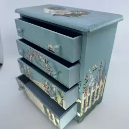 Vintage 4 Drawer Hand Painted Jewelry/Trinket Chest With Florals And Butterflies