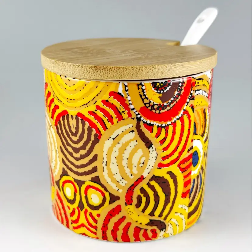 Alperstein Designs Australia Covered Sugar Bowl with Spoon Aboriginal Dot Painting